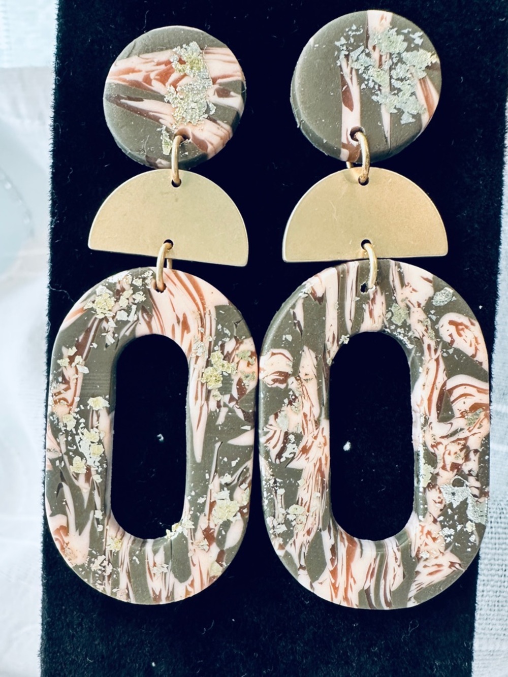 Marble Olive & Blush Geometric Dangle Stud Earrings